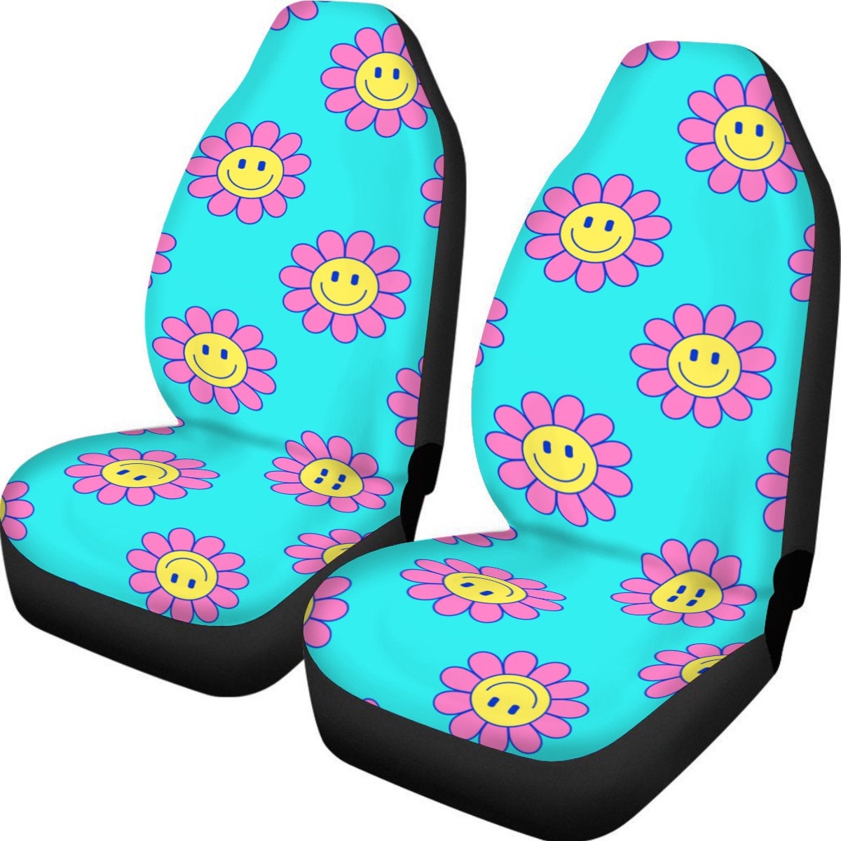 Smiley Face Emoji Flower Car Seat Covers Hippie Car Decor, Love Peace