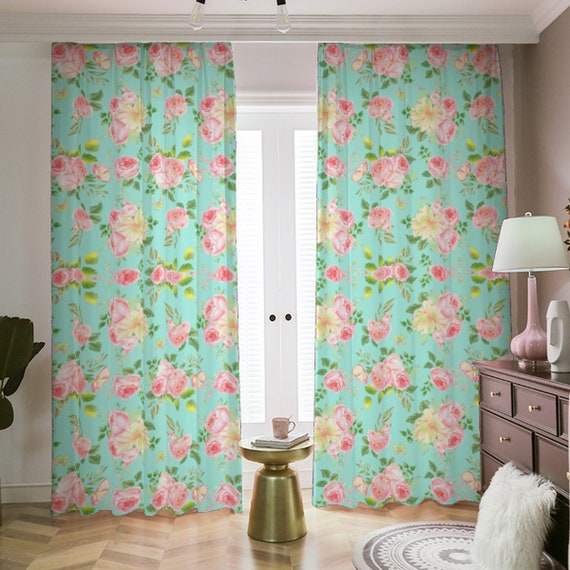 Menta floral y cortinas opacas rosas / 265 gsm decoración - Etsy España