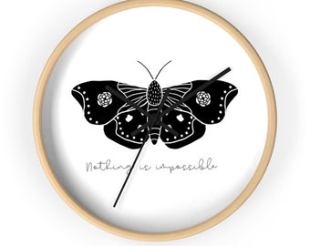 Boho butterfly Wall clock, nothing is impossible quote, mothers day gift, bohemian minimalist home decor, black and white clock, birthday