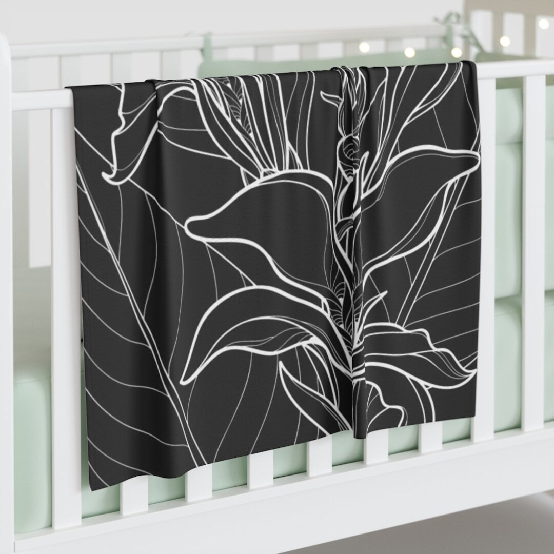 Black Floral Boho Baby Swaddle Blanket, Minimalist Baby Bedding, Boho