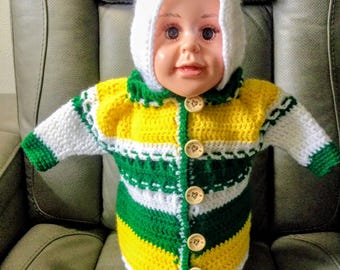 Crocheted Toddler Sweater: Curious Explorer, 20" Chest, Wood Buttons