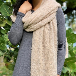 Beige Plush Oversized Alpaca Scarf, Fair Trade Stripe Tan Alpaca Wrap Scarf, Peru Women's Plush Handmade Eyelet Alpaca Scarf