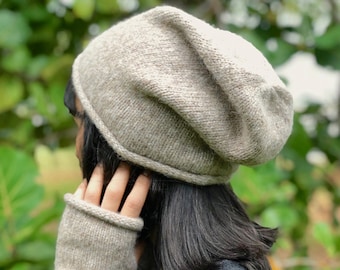 Beige Tan Alpaca Knit Beanie Hat, Fair Trade Handmade Slouchy Alpaca Beanie Winter Hat from Peru, Unisex Beanie, Women's Mens Beanie