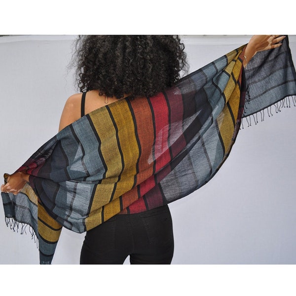 Rainbow Ethiopian Cotton Wrap Scarf, Striped Wrap Scarf, Fair Trade Striped Scarves, Handloom Ethiopia Scarf, Rainbow Scarf