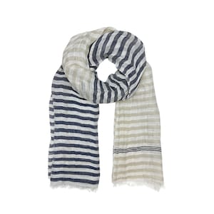 Linen Cotton Blend Wrap Scarf, FREE SHIPPING, Fair Trade Striped Scarves, Handloom India Scarf, Beige Blue White Handmade Wrap Scarf