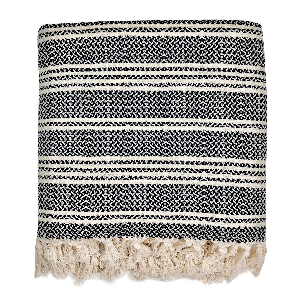 Black Striped Turkish Cotton Throw Blanket Handmade Stripe | Etsy