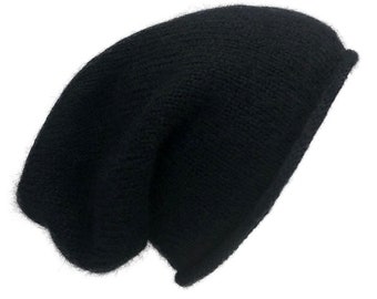 Black Alpaca Knit Beanie Hat, Fair Trade Handmade Slouchy Alpaca Beanie Winter Hat from Peru, Unisex Beanie, Women's Mens Beanie