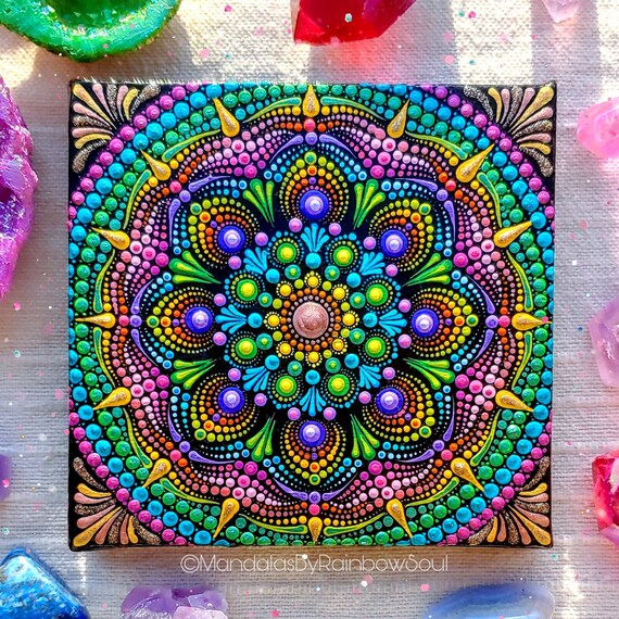 MandalasByRainbowSoul mini dot mandala acrylic painting on canvas dot art spiritual decoration ~ mandala canvas hand painted gift for her
