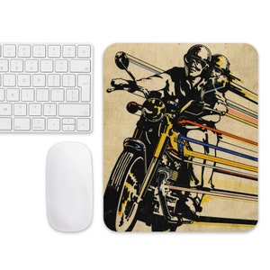 May include: A vintage-style illustration of a person riding a motorcycle. The motorcycle is black and white with red and yellow accents. The background is a faded brown with yellow, red, and blue lines.