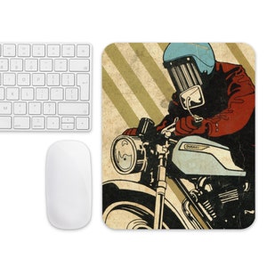 May include: A vintage-style illustration of a person riding a motorcycle. The motorcycle is blue and white with the word "DUCATI" printed on the side. The person is wearing a blue helmet with a red and white striped jacket. The background is a yellow and brown striped pattern.