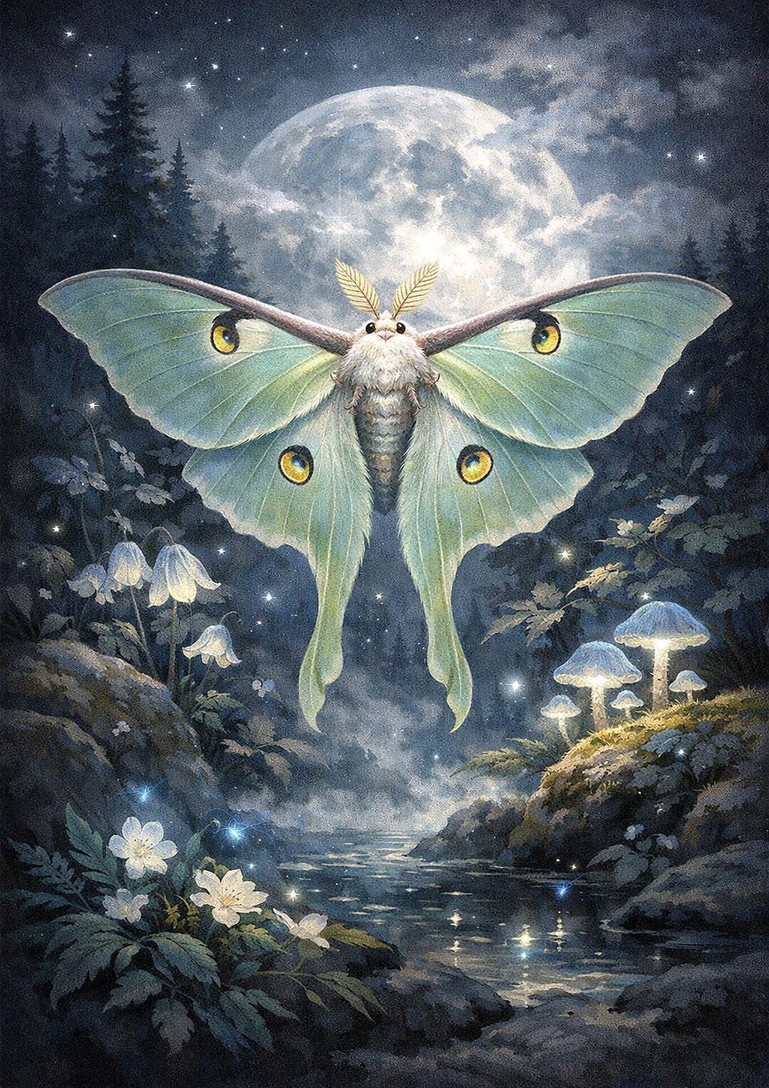 Luna Moth Wall Art A3, Mystical Night Nature Poster, Moonlight Forest ...