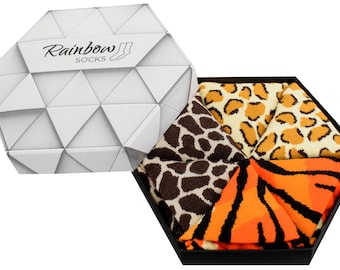 Wild Socks Box - Socken mit Tiermuster: Giraffe, Leopard, Tiger. Elegant und bereit, Geschenk zu übergeben. Hochwertige Socken Made in Europe