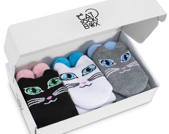 Cat Socks Box-3 pairs of cat socks with ears and tail, Original Gift, High Quality, Made in EUROPE, Created with passion