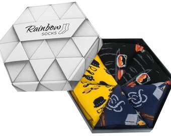 Gentleman Socks Box, 3 paires élégantes, par Rainbow Socks, mode Cadeau chaussettes originales colorées, produites dans l’UE. Noir, jaune, bleu foncé