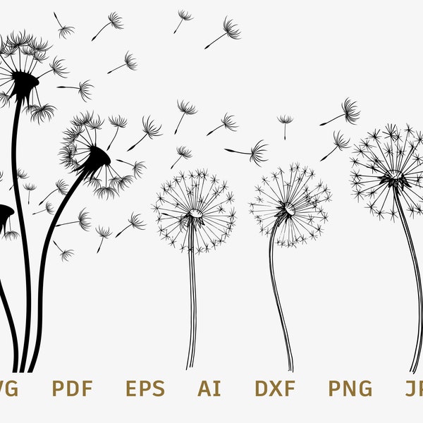 Dandelions On thew Wind Black Vector Files Flowers svg Cut Files PNG digital file DXF mages AI Files Download AC5235