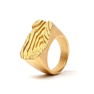 May include: A gold-colored ring with a textured, rectangular face. The face features a detailed, layered design. The ring has a smooth, matte finish and is set against a white background. The ring is a signet style.
