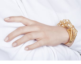 gold cuff bracelet, 3D printed jewelry, statement bracelet for women, gold bracelet, structural bracelet, modern jewelry design