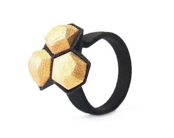 geometric black and gold ring, 3D printed jewelry, statement ring, modern ring, nylon ring, abstract jewelry