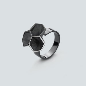black minimal ring, 3D printed jewelry, black rhodium, statement ring, modern ring, abstract jewelry, honeycomb ring, black faceted ring image 1