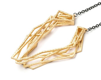 gold geometric necklace, 3D printed jewelry, statement necklace, eye catcher pendant, abstract jewelry, architecture necklace