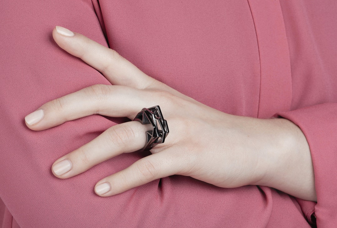 Black Ring, 3D Printed 925 Silver, Black Rhodium, Geometric Polished ...