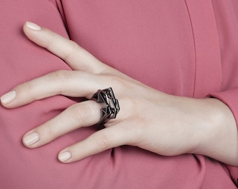 black ring, 3D printed 925 silver, black rhodium, geometric polished ring, black statement ring, modernist black cocktail ring, shiny ring