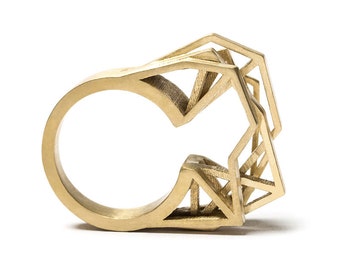 geometric brass ring, 3D printed jewelry, statement ring, modern ring, large cocktail ring, eye catcher ring, algorithmic parametric jewelry