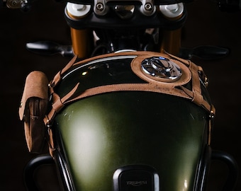Full Grain Leather Motorcycle Fuel/Gas Tank Straps, Adjustable Horizontal Mount Compatible with Triumph Street & Scrambler 400