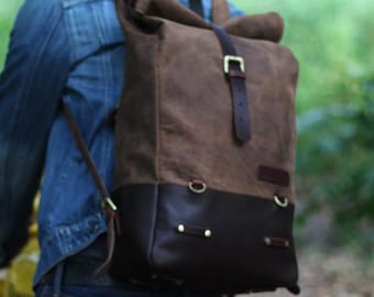 Full Grain Leather Roll Top Backpack | Saddle Bag | Laptop Backpack | Travel Backpack | Hiking Backpack with Motorcycle Mounts & Raincover