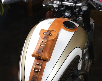 Triumph Bonneville, Spedmaster, Scrambler, Bobber - Genuine Leather Vertical Mount Fuel Tank Strap/Belt, Handcrafted By Trip Machine Company