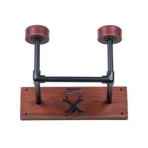Motorcycle Helmet & Gear Wall Mount Holder/ Hanger/ Rack, Handcrafted Wood n Iron with Twin Hooks For Jacket Hanging by Trip Machine Company