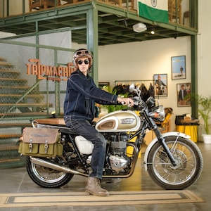 Heavy-Duty Canvas & Leather Touring Expedition Saddlebags for Triumph Bonneville Series, with Saddles Stays by Trip Machine Company