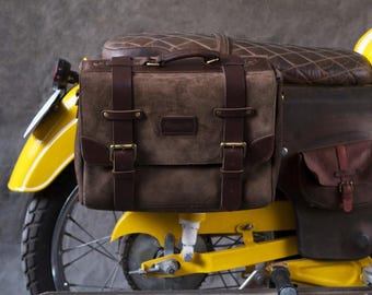 Genuine Suede Leather Handmade Warrior Saddlebag | Side Pannier Luggage Bag | Shoulder Bag with Bike Mounting Hooks by Trip Machine Company