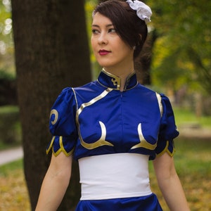 CHUN LI Cosplay Costume from Street Fighter. Adult costume for Halloween. Blue qipao cheongsam made to order.