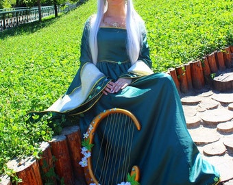 Zielono-złota sukienka elfa, suknia elfa fantasy, kostium cosplay LARP, sukienka na imprezę wróżki