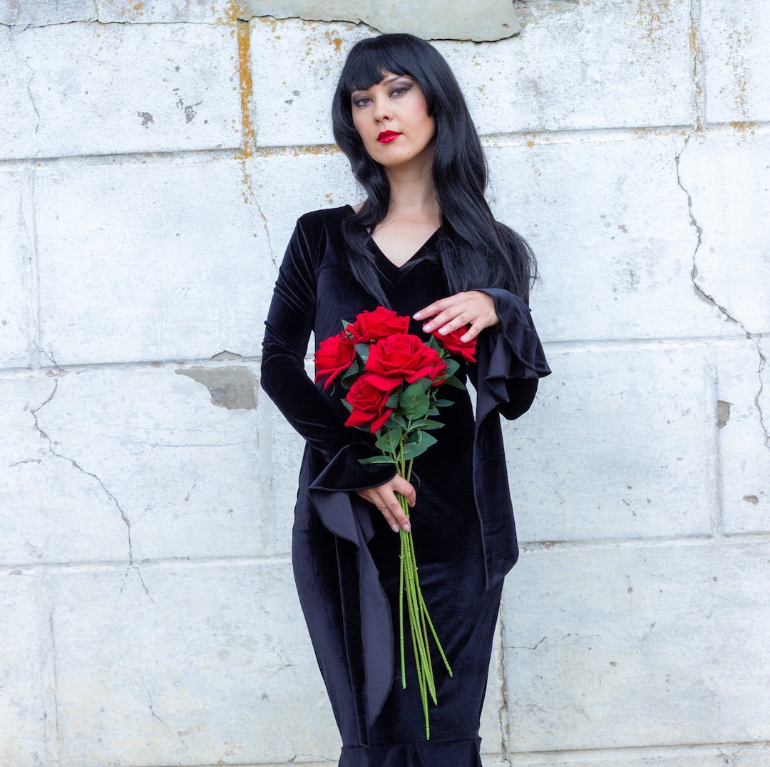 morticia addams black dress Leather Look Morticia Addams Dress With Wizard Sleeves and Scoop Neck, Various Hem and Neck Lines Available Made to Measure