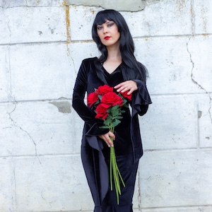 MORTICIA ADDAMS DRESS. V neck black velvet dress with long sleeve. Witch Halloween cosplay costume for Adult. Floor length evening gown.