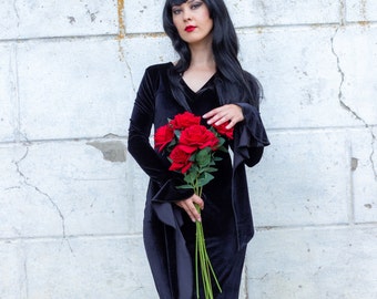 MORTICIA ADDAMS DRESS. V neck black velvet dress with long sleeve. Witch Halloween cosplay costume for Adult. Floor length evening gown.