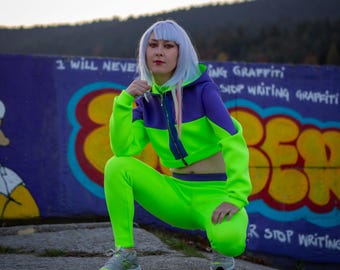 Lucy Cyberpunk Hacker Cosplay Tracksuit – Neon Green & Purple Two