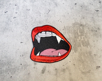 VAMPIRE TEETH Embroidered PATCH. Red Lips Halloween Iron-on Patches. Patch for Jackets and Backpacks.