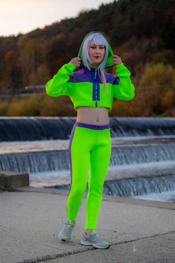 Lucy Cyberpunk Hacker Cosplay Tracksuit – Neon Green & Purple Two