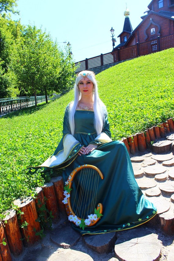 green and white elf dress Gold Elven Dress, Fantasy Gown, LARP Cosplay Costume, Fairy Party fantasy elven wedding dress