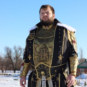 Grimdark High Inquisitor Cosplay Armor – Handcrafted Sci-Fi Battle Costume with Black Cloak and Gold Armor – Made to Order.