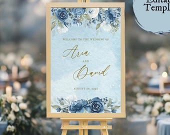 Letrero de bienvenida para boda con acuarela floral en azul polvoriento / Plantilla editable / Letrero imprimible