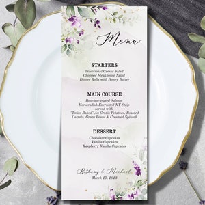 EDITABLE Lavender Greenery Menu Card Printable Template, Wedding or Party Menu Template Printable Digital Download