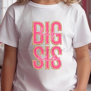Camiseta BIG SIS para niña pequeña / Camisa para hermana mayor / Camiseta con letras en bloque con purpurina rosa y dorada para anuncio de embarazo / Camiseta para niña pequeña