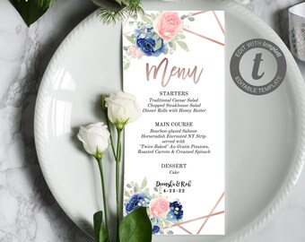 EDITABLE Pink and Blue Floral Wedding Menu Printable, Wedding Menu Template, Printable Digital Download