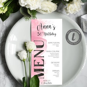 EDITABLE Pink Black Gold Marble Birthday Menu Printable, Wedding or Party Menu Template Printable Digital Download