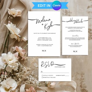 May include: Wedding invitation suite with a minimalist design featuring the names "Melanie + Kyle" in cursive script. The invitation includes details about the ceremony, reception, and RSVP information. The RSVP card has a checkbox for "Joyfully Accepts" and "Regretfully Declines".