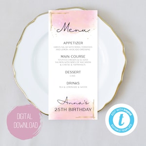 EDITABLE Gold, Pink and White Birthday Menu Card, Party Table Menu Card, Alcohol Ink Menu Card, Printable Digital Download Template